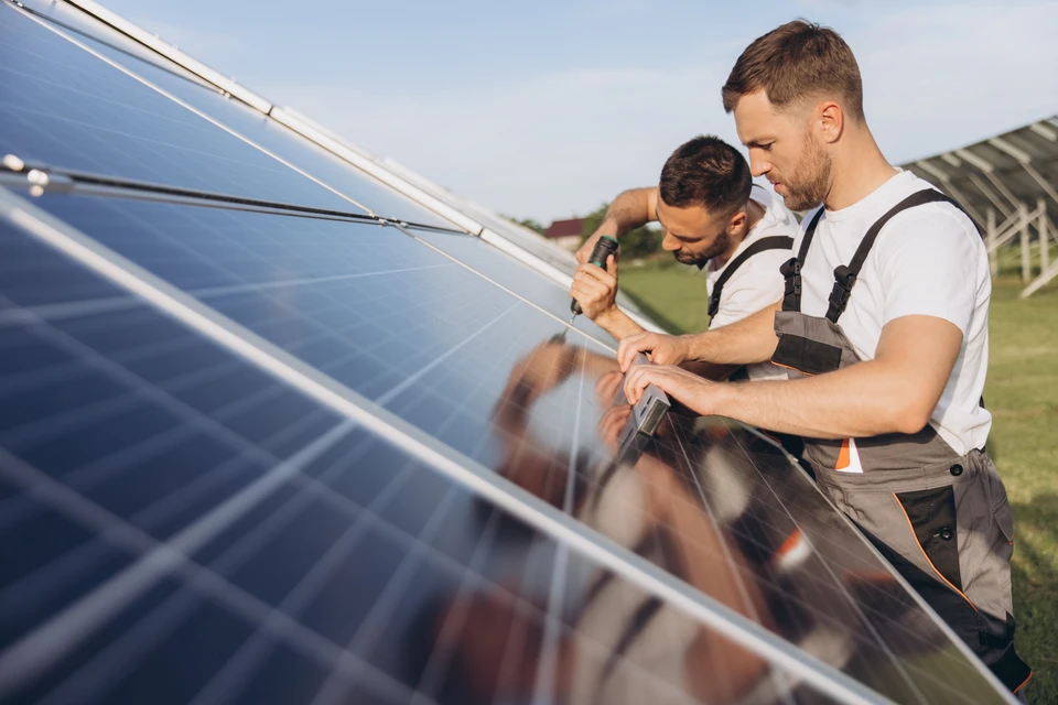 Deux techniciens en salopettes installent des panneaux solaires photovoltaïques en extérieur sur terrain herbeux