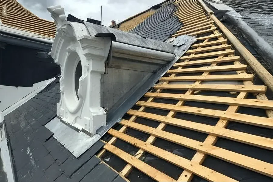 Toiture moderne en bac acier nervuré gris anthracite, vue plongeante sur faîtage et arêtier